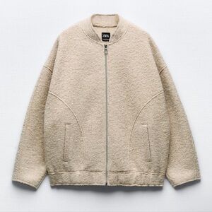 Zara Blogger Favorite Boucle Bomber Jacket Zip Cream Fuzzy Size XS - Small